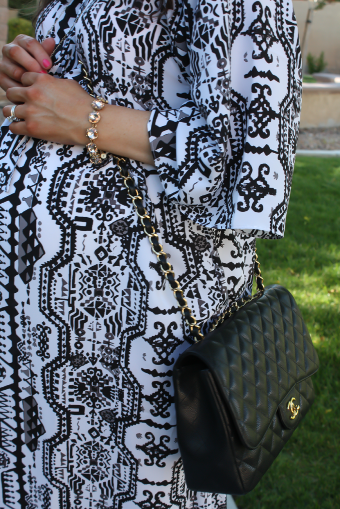 Black and White Printed Caftan, Patent Neon Yellow Heels, Black Chain Strap Quilted Crossbody, Rose Gold Stone Bracelet, Rachel Zoe, A Pea in the Pod, Kate Spade, Chanel, Stella and Dot 25