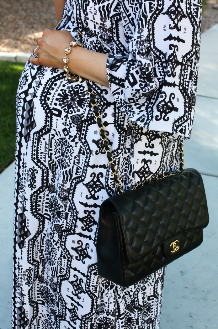 Black and White Printed Caftan, Patent Neon Yellow Heels, Black Chain Strap Quilted Crossbody, Rose Gold Stone Bracelet, Rachel Zoe, A Pea in the Pod, Kate Spade, Chanel, Stella and Dot 34