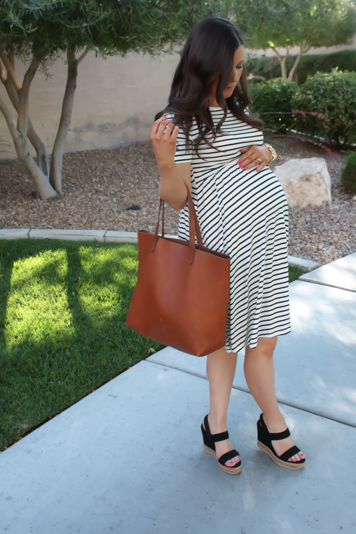 Black and White Striped Maternity Dress, Black Wedge Sandals, Cognac Leather Tote, ASOS, Tory Burch, Madewell 10