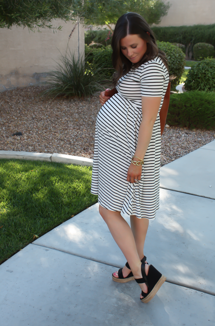 Black and White Striped Maternity Dress, Black Wedge Sandals, Cognac Leather Tote, ASOS, Tory Burch, Madewell 11