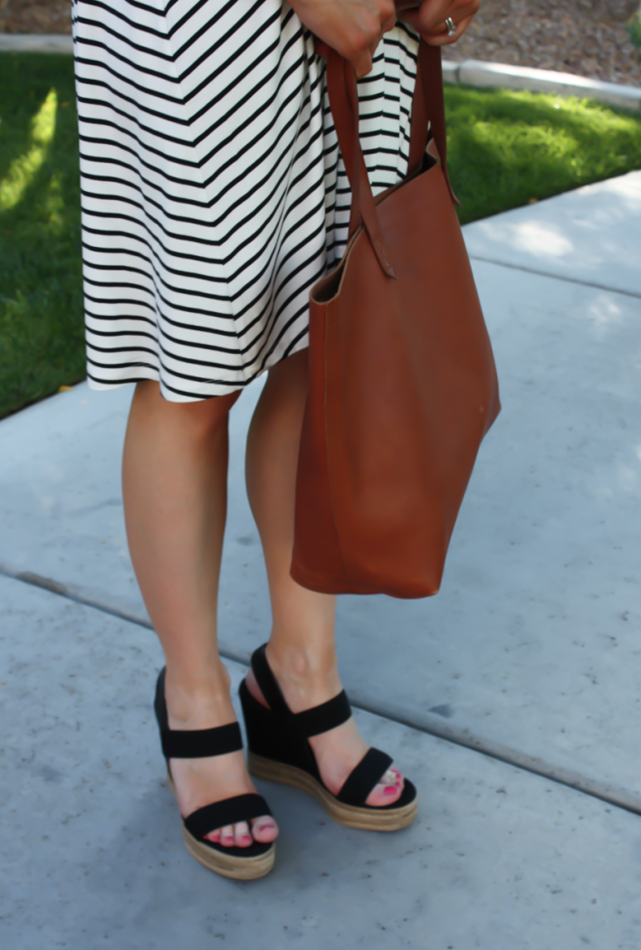 Black and White Striped Maternity Dress, Black Wedge Sandals, Cognac Leather Tote, ASOS, Tory Burch, Madewell 3