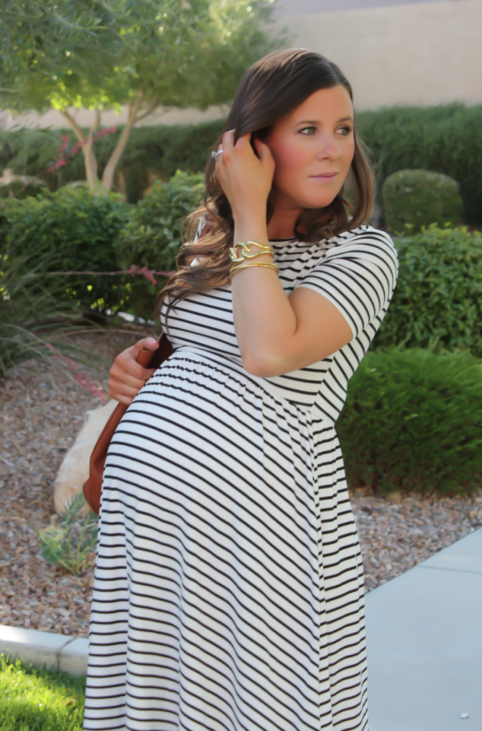 Black and White Striped Maternity Dress, Black Wedge Sandals, Cognac Leather Tote, ASOS, Tory Burch, Madewell 6