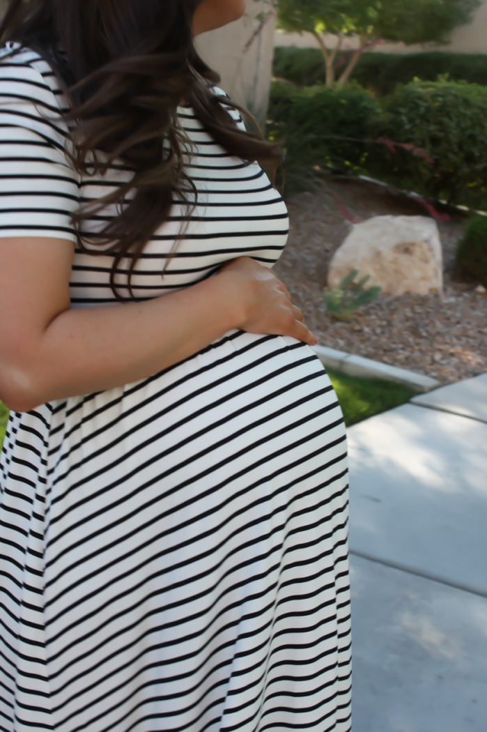 Black and White Striped Maternity Dress, Black Wedge Sandals, Cognac Leather Tote, ASOS, Tory Burch, Madewell