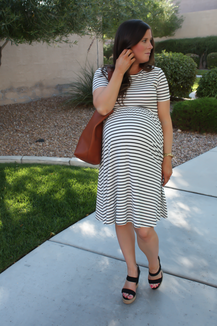 Black and White Striped Maternity Dress, Black Wedge Sandals, Cognac Leather Tote, ASOS, Tory Burch, Madewell 8