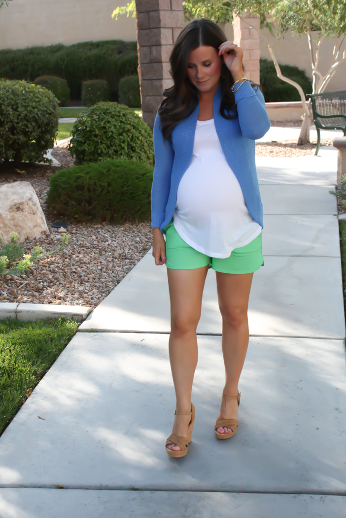 Blue Open Cardigan, Green Drawstring Shorts, Raffia Wedge Sandals, Lilly Pulitzer, J.Crew Factory, Gap, Stuart Weitzman 13