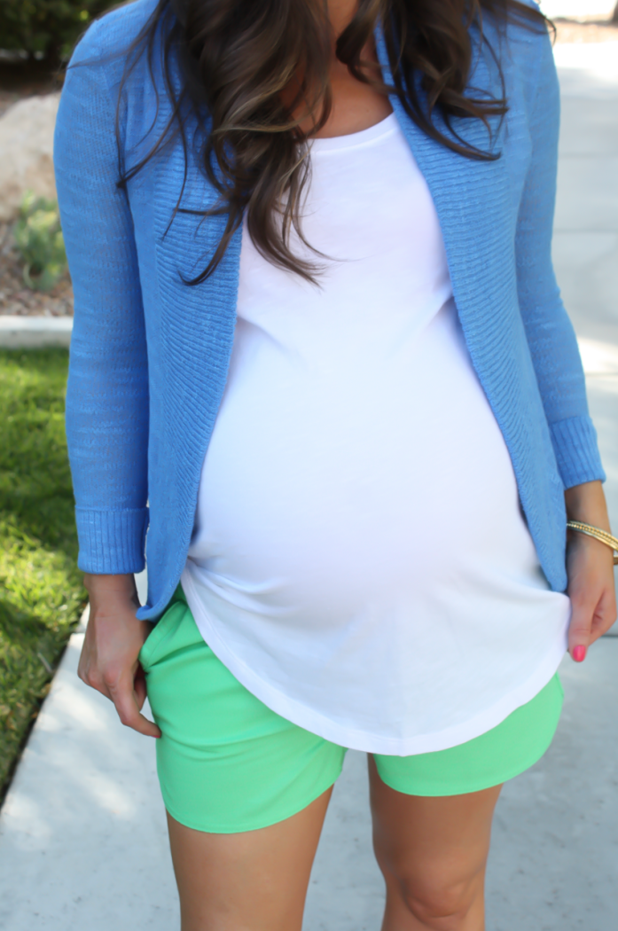 Blue Open Cardigan, Green Drawstring Shorts, Raffia Wedge Sandals, Lilly Pulitzer, J.Crew Factory, Gap, Stuart Weitzman 20