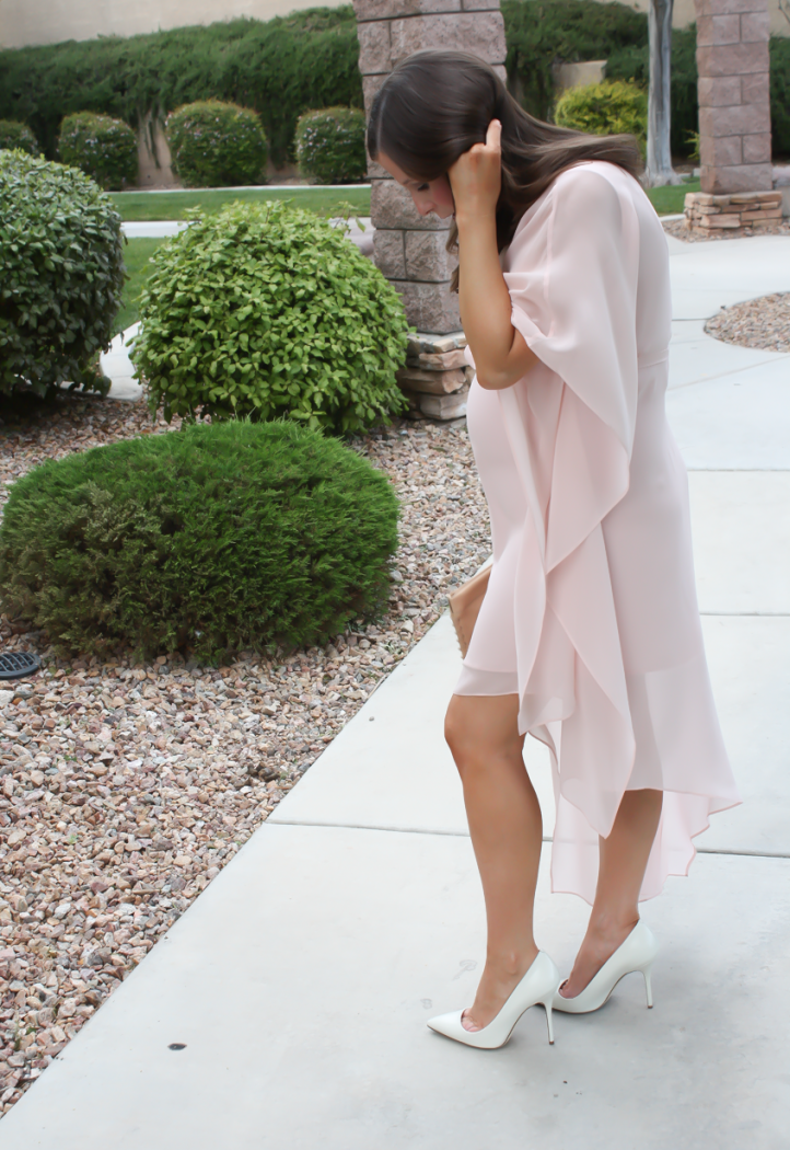 Blush Pink Silk Asymetrical Dress, Ivory Heels, Tan Leather Clutch, BCBG, JCrew 4