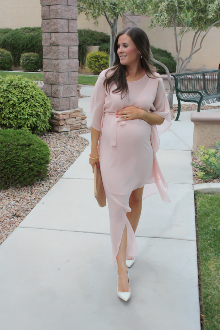 Blush Pink Silk Asymetrical Dress, Ivory Heels, Tan Leather Clutch, BCBG, JCrew 7