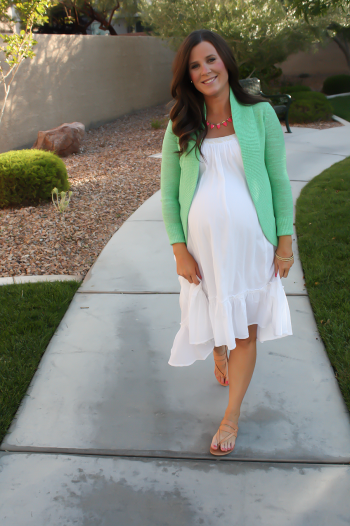 Green Open Cardigan, White Hi Lo Dress, Tan Sandals, Pink Statement Necklace, Lilly Pulitzer, Free People, Joie, Stella and Dot 11
