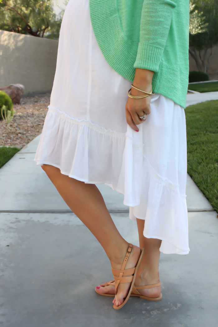 Green Open Cardigan, White Hi Lo Dress, Tan Sandals, Pink Statement Necklace, Lilly Pulitzer, Free People, Joie, Stella and Dot 18