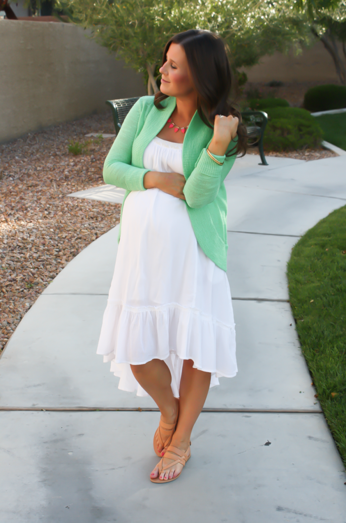 Green Open Cardigan, White Hi Lo Dress, Tan Sandals, Pink Statement Necklace, Lilly Pulitzer, Free People, Joie, Stella and Dot 3