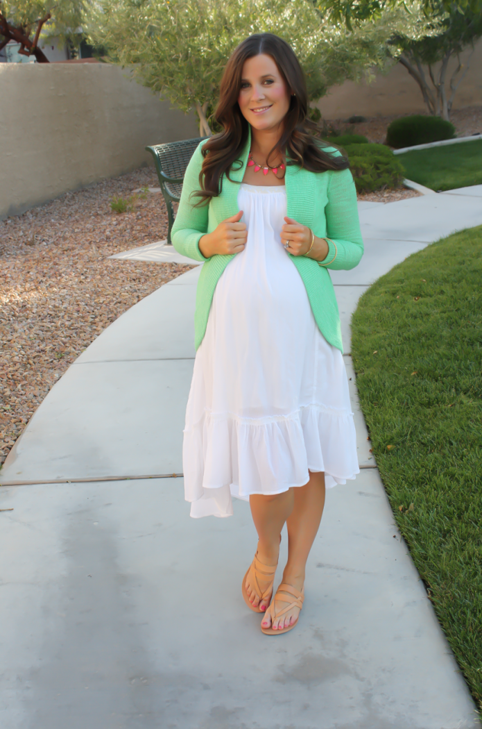 Green Open Cardigan, White Hi Lo Dress, Tan Sandals, Pink Statement Necklace, Lilly Pulitzer, Free People, Joie, Stella and Dot 8