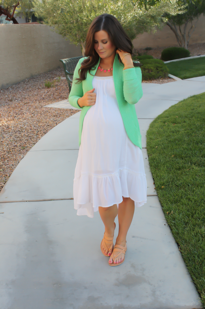 Green Open Cardigan, White Hi Lo Dress, Tan Sandals, Pink Statement Necklace, Lilly Pulitzer, Free People, Joie, Stella and Dot 9