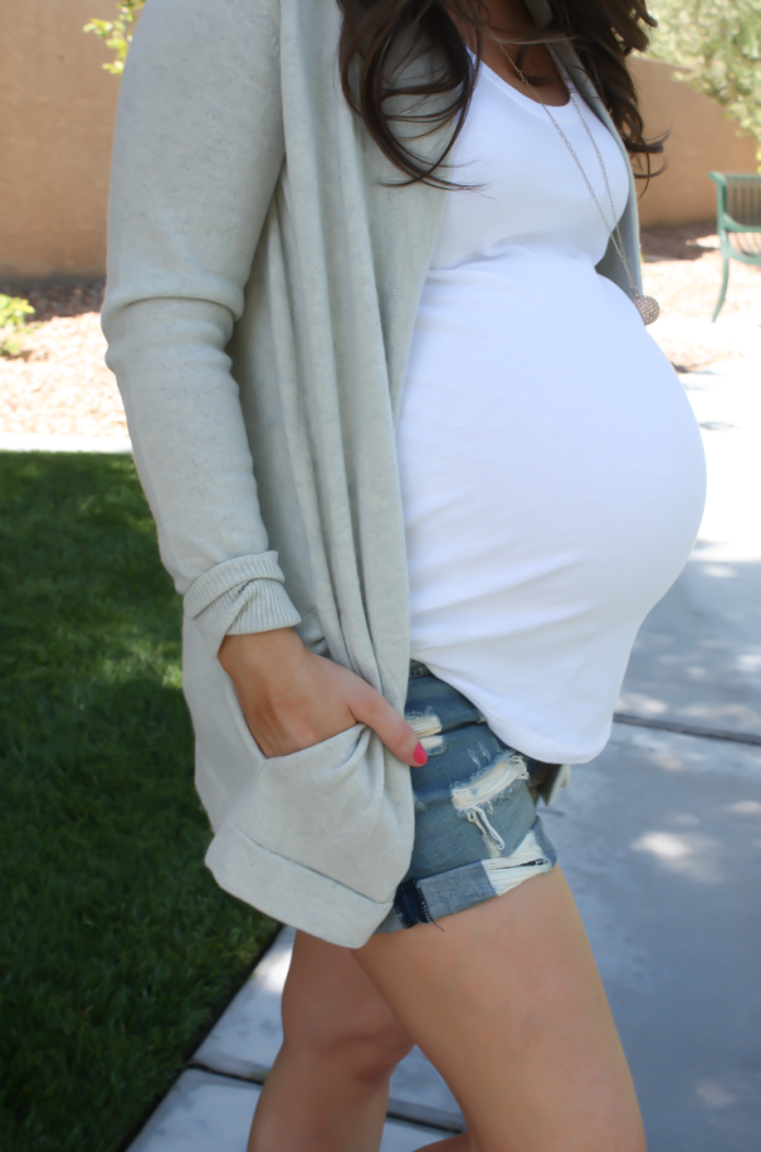 Grey Cashmere Open Cardigan, White Maternity Tank, Distressed Jean Shorts, Red Espadrille Sandals, J.Crew, Gap, Rag and Bone, Vince 16