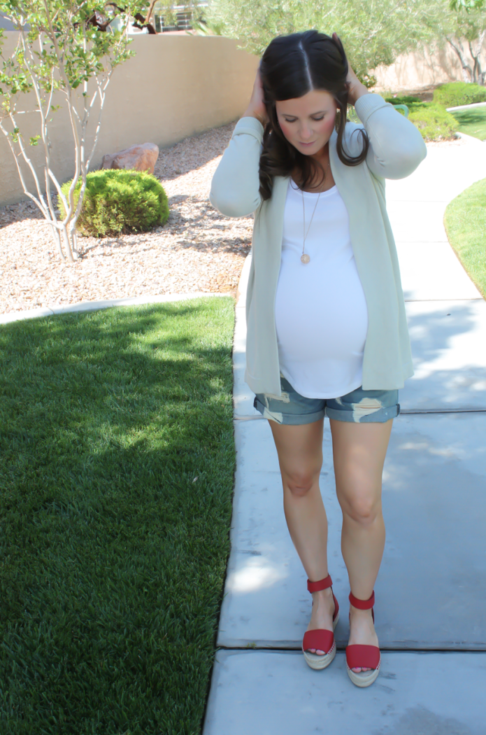 Grey Cashmere Open Cardigan, White Maternity Tank, Distressed Jean Shorts, Red Espadrille Sandals, J.Crew, Gap, Rag and Bone, Vince 3