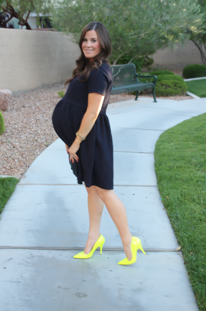 Navy Maternity Dress, Neon Green Heels, Clutch, ASOS, ASOS Maternity, Kate Spade, Clare V