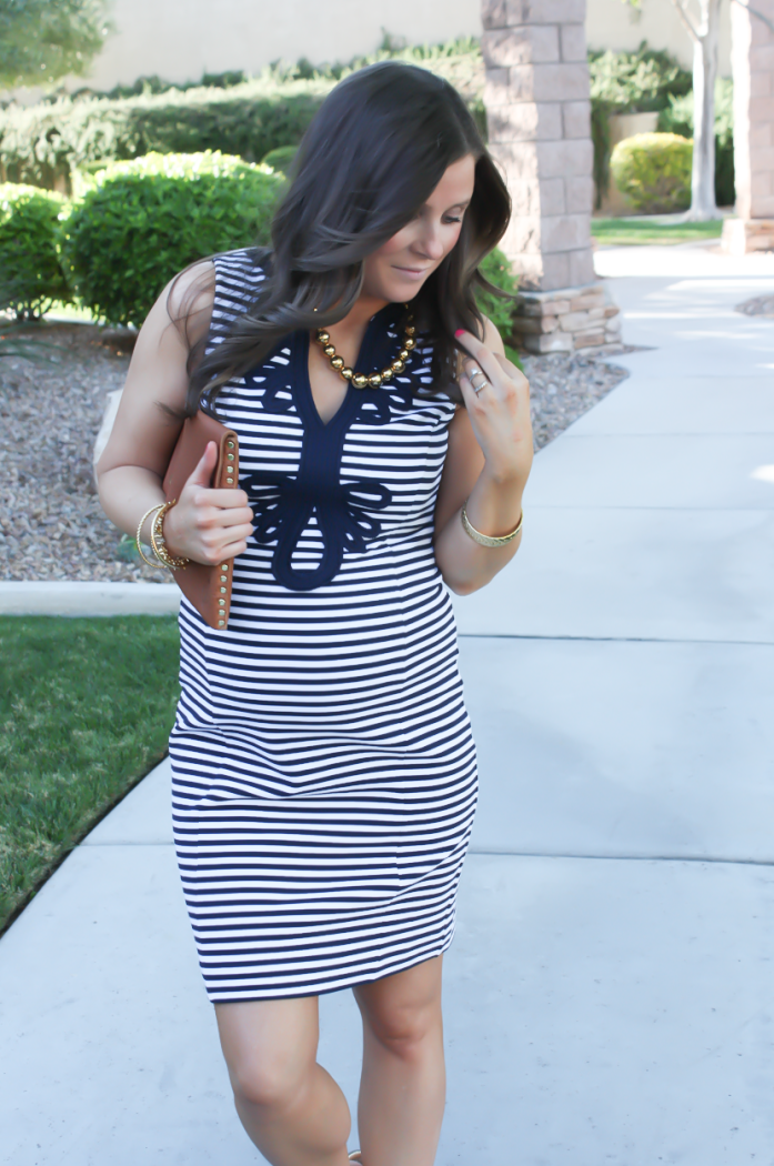 Navy Striped and Embroidered Knit Shift Dress,  Gold Sandals, Cognac Clutch, Gold Beaded Necklace, Lilly Pulitzer, Tory Burch, Madewell, J.Crew 12