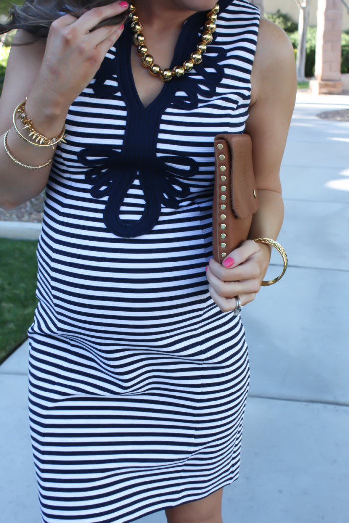Navy Striped and Embroidered Knit Shift Dress,  Gold Sandals, Cognac Clutch, Gold Beaded Necklace, Lilly Pulitzer, Tory Burch, Madewell, J.Crew 3