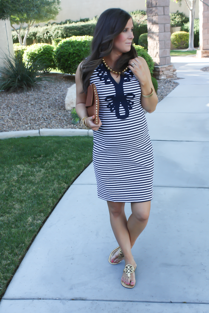 Navy Striped and Embroidered Knit Shift Dress,  Gold Sandals, Cognac Clutch, Gold Beaded Necklace, Lilly Pulitzer, Tory Burch, Madewell, J.Crew 4