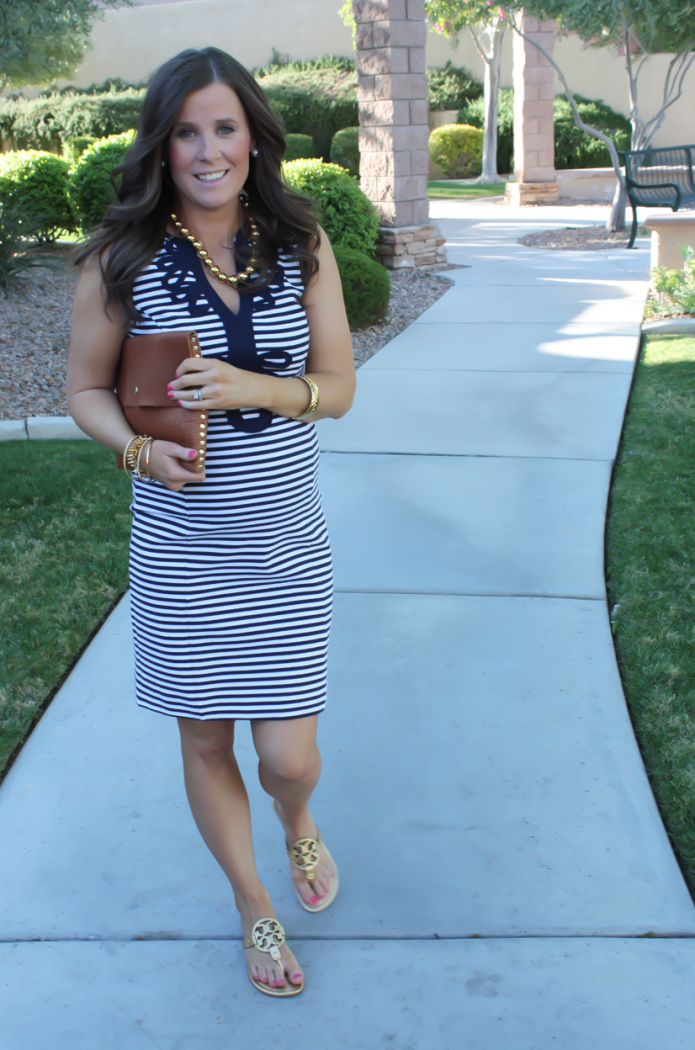 Navy Striped and Embroidered Knit Shift Dress,  Gold Sandals, Cognac Clutch, Gold Beaded Necklace, Lilly Pulitzer, Tory Burch, Madewell, J.Crew 6