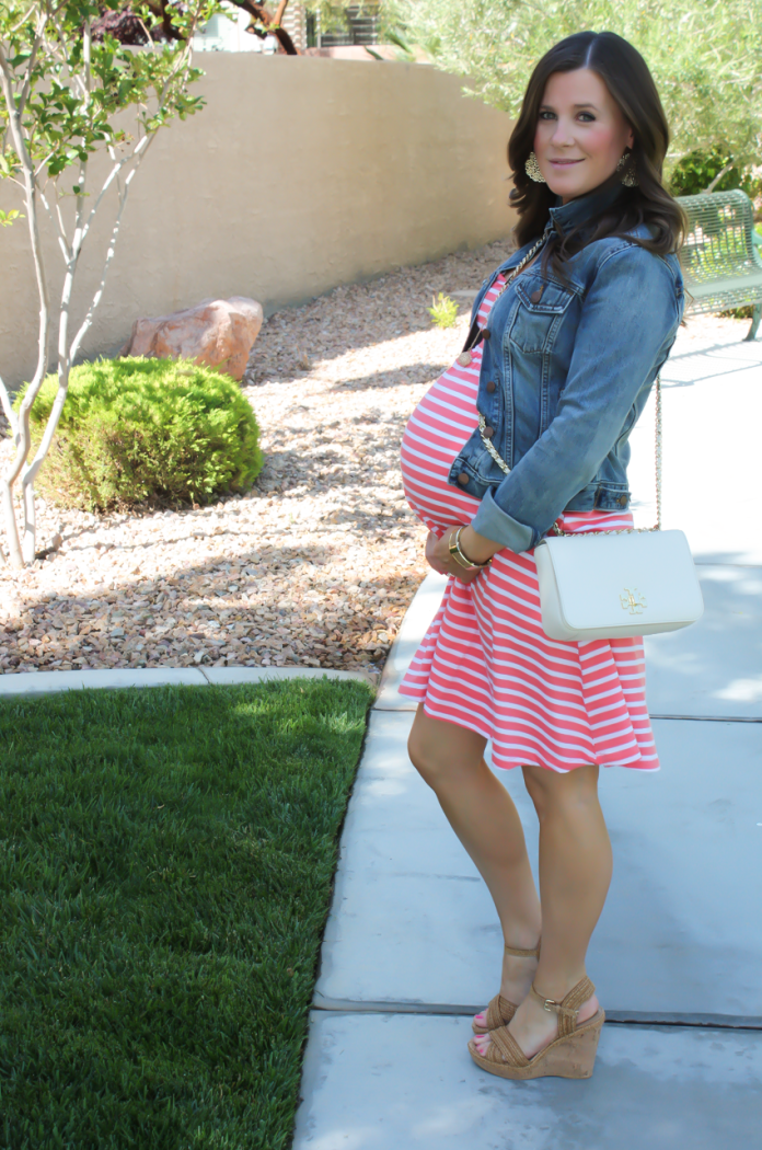 Pink Striped Maternity Dress, Medium Wash Denim Jacket, Raffia Wedge Sandals, Ivory Chain Strap Crossbody Bag, Old Navy, Gap, Stuart Weitzman, Tory Burch