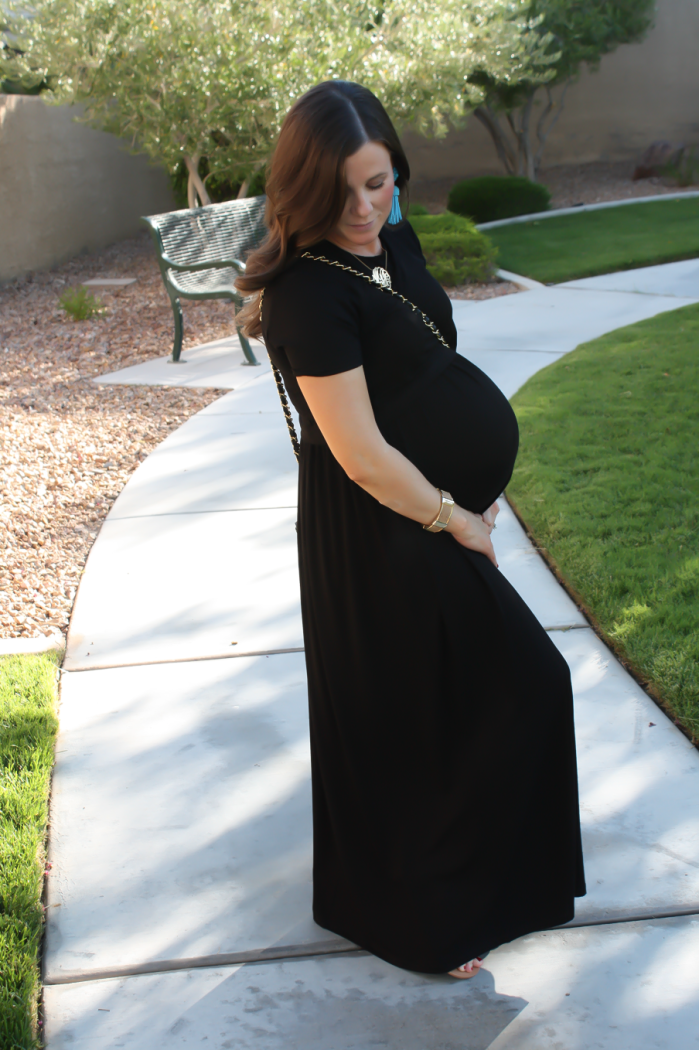 Black Maternity Maxi Dress, Tan Sandals, Black Quilted Chain Strap Bag, Turquoise Tassel Earrings, ASOS, ASOS Maternity, Joie, Chanel, Lisi Lerch 10