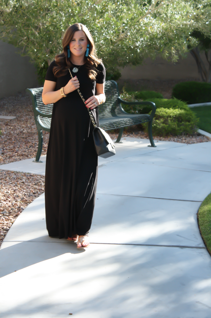 Black Maternity Maxi Dress, Tan Sandals, Black Quilted Chain Strap Bag, Turquoise Tassel Earrings, ASOS, ASOS Maternity, Joie, Chanel, Lisi Lerch 12