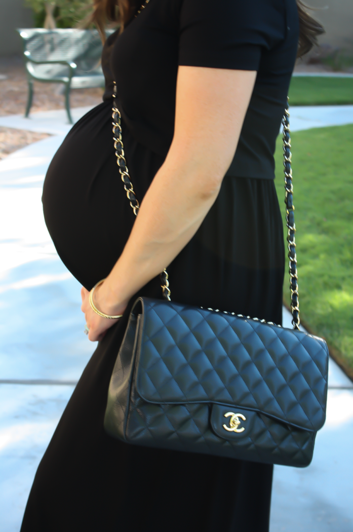 Black Maternity Maxi Dress, Tan Sandals, Black Quilted Chain Strap Bag, Turquoise Tassel Earrings, ASOS, ASOS Maternity, Joie, Chanel, Lisi Lerch 17