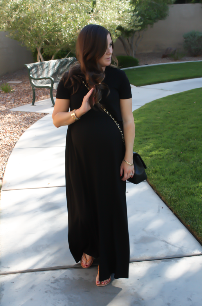 Black Maternity Maxi Dress, Tan Sandals, Black Quilted Chain Strap Bag, Turquoise Tassel Earrings, ASOS, ASOS Maternity, Joie, Chanel, Lisi Lerch 2