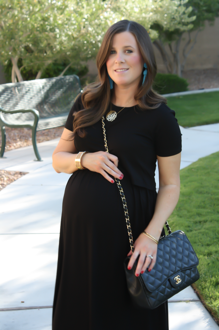 Black Maternity Maxi Dress, Tan Sandals, Black Quilted Chain Strap Bag, Turquoise Tassel Earrings, ASOS, ASOS Maternity, Joie, Chanel, Lisi Lerch 6