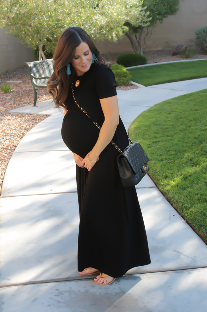 Black Maternity Maxi Dress, Tan Sandals, Black Quilted Chain Strap Bag, Turquoise Tassel Earrings, ASOS, ASOS Maternity, Joie, Chanel, Lisi Lerch