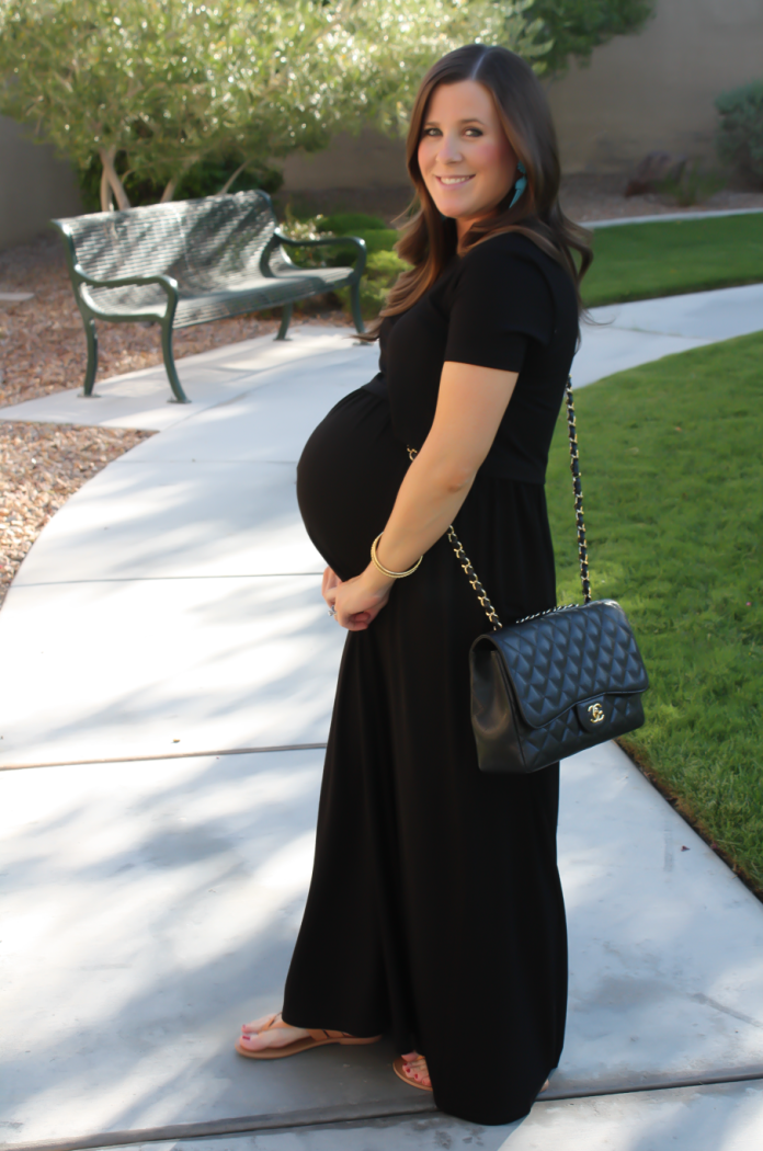 Black Maternity Maxi Dress, Tan Sandals, Black Quilted Chain Strap Bag, Turquoise Tassel Earrings, ASOS, ASOS Maternity, Joie, Chanel, Lisi Lerch 7