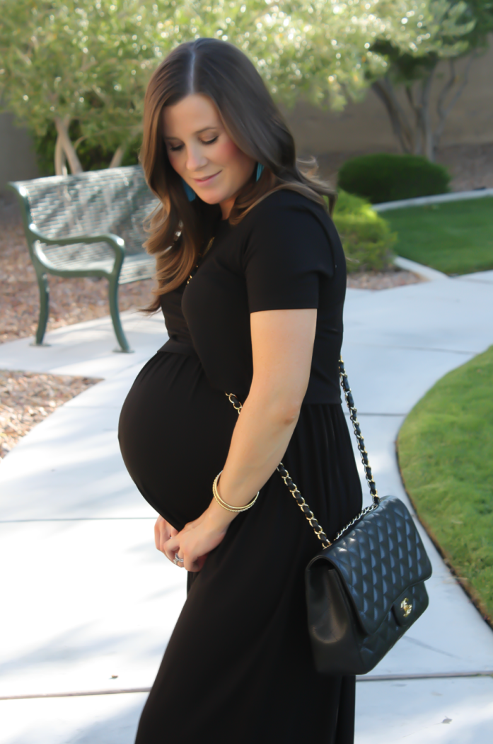 Black Maternity Maxi Dress, Tan Sandals, Black Quilted Chain Strap Bag, Turquoise Tassel Earrings, ASOS, ASOS Maternity, Joie, Chanel, Lisi Lerch 9