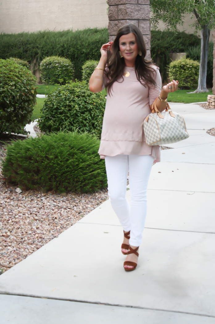 Blush Pink Maternity Tunic, White Skinny Maternity Jeans, Brown Stacked Heel Sandals, ASOS, ASOS Maternity, J.Crew, J.Crew Maternity, M.Gemi, Louis Vuitton 10