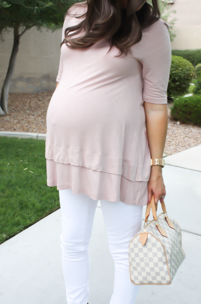 Blush Pink Maternity Tunic, White Skinny Maternity Jeans, Brown Stacked Heel Sandals, ASOS, ASOS Maternity, J.Crew, J.Crew Maternity, M.Gemi, Louis Vuitton 14