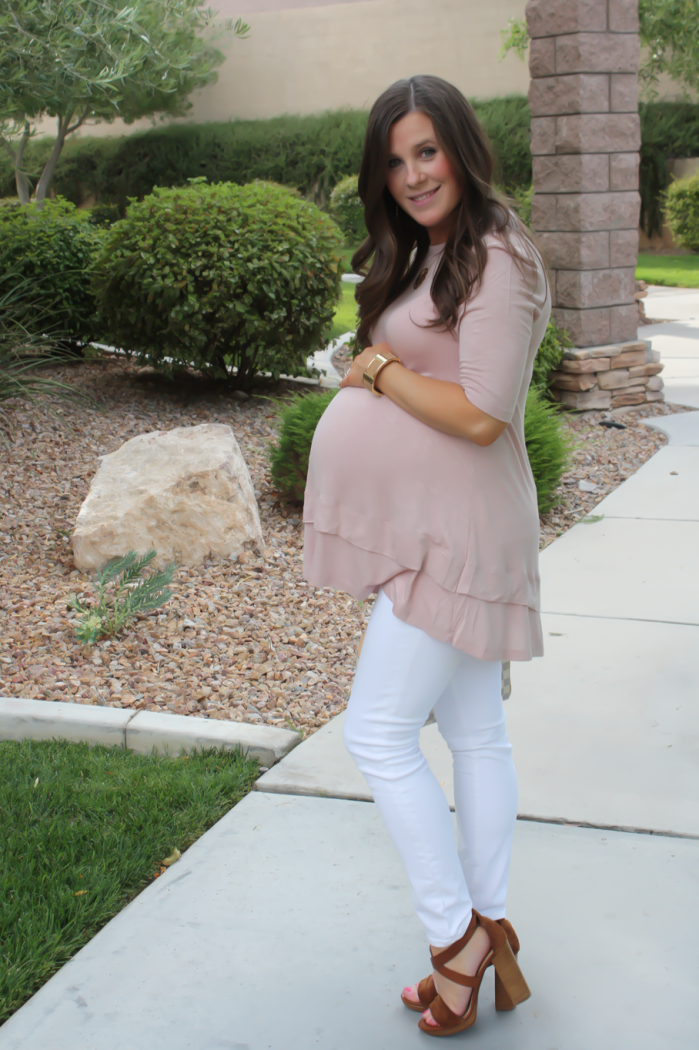 Blush Pink Maternity Tunic, White Skinny Maternity Jeans, Brown Stacked Heel Sandals, ASOS, ASOS Maternity, J.Crew, J.Crew Maternity, M.Gemi, Louis Vuitton 15