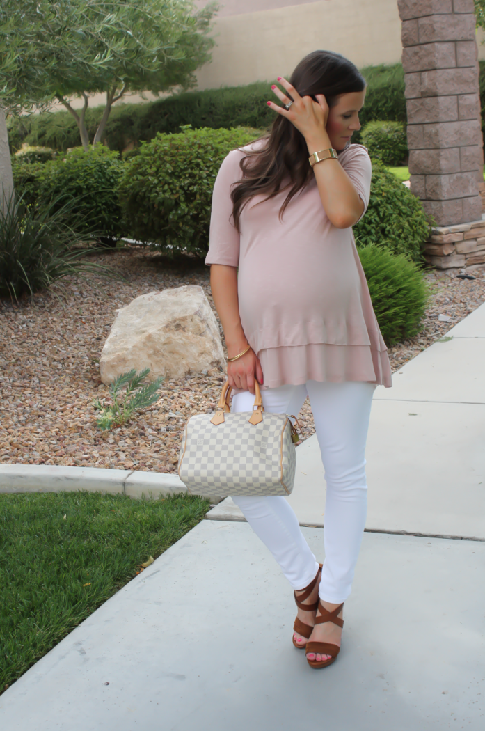 Blush Pink Maternity Tunic, White Skinny Maternity Jeans, Brown Stacked Heel Sandals, ASOS, ASOS Maternity, J.Crew, J.Crew Maternity, M.Gemi, Louis Vuitton 5