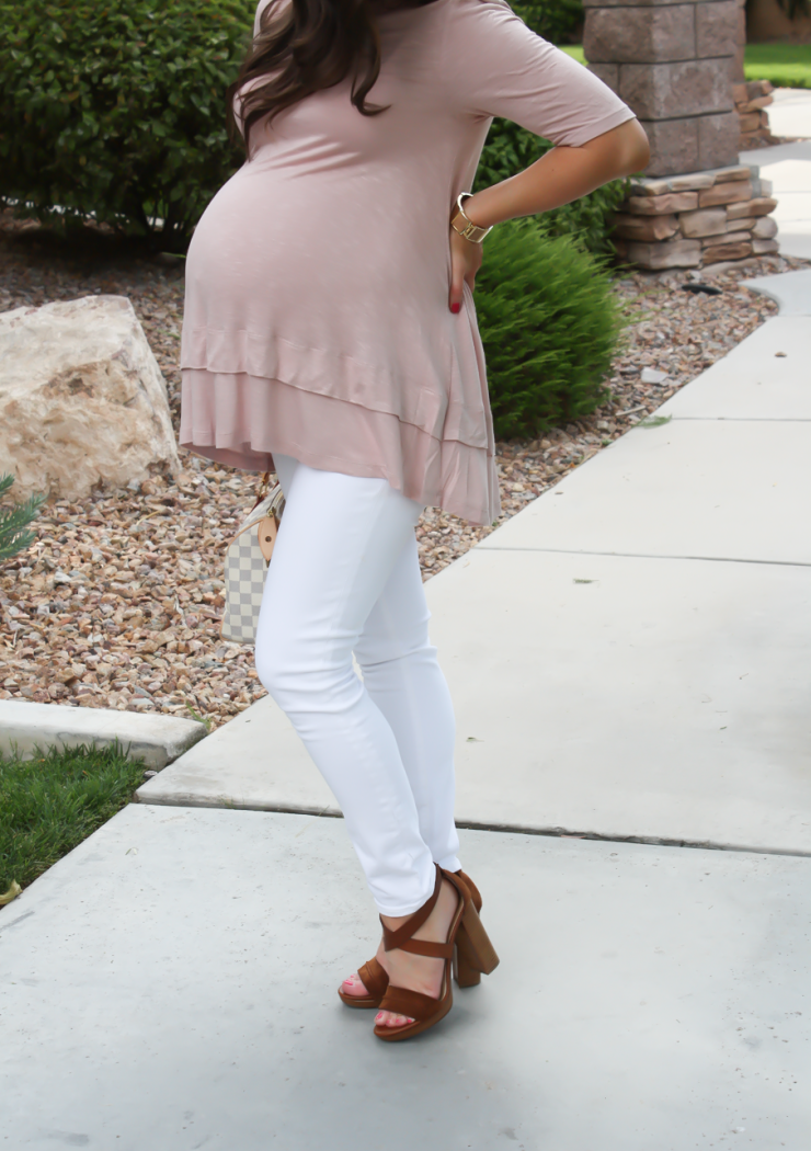 Blush Pink Maternity Tunic, White Skinny Maternity Jeans, Brown Stacked Heel Sandals, ASOS, ASOS Maternity, J.Crew, J.Crew Maternity, M.Gemi, Louis Vuitton 7