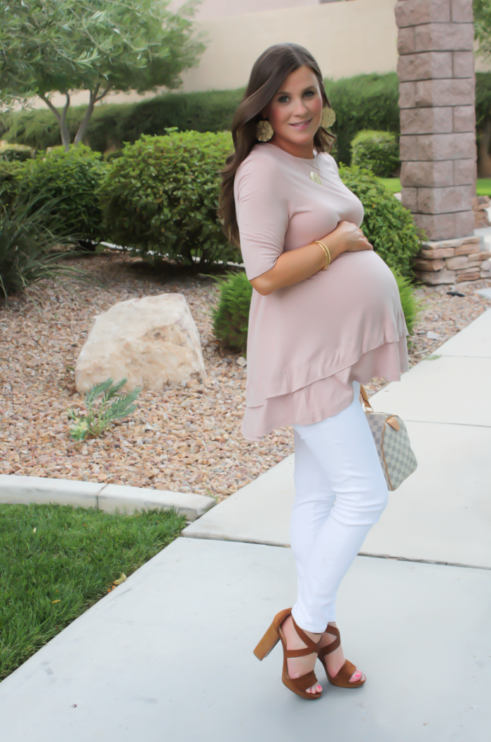 Blush Pink Maternity Tunic, White Skinny Maternity Jeans, Brown Stacked Heel Sandals, ASOS, ASOS Maternity, J.Crew, J.Crew Maternity, M.Gemi, Louis Vuitton 9