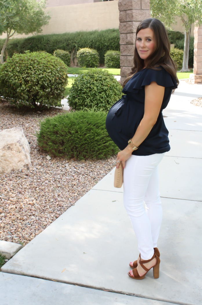 Navy Ruffle Collar Maternity Blouse, White Maternity Skinny Jeans, Brown Suede Sandals, Tan Leather Clutch, ASOS, ASOS Maternity, J.Crew, M. Gemi 2