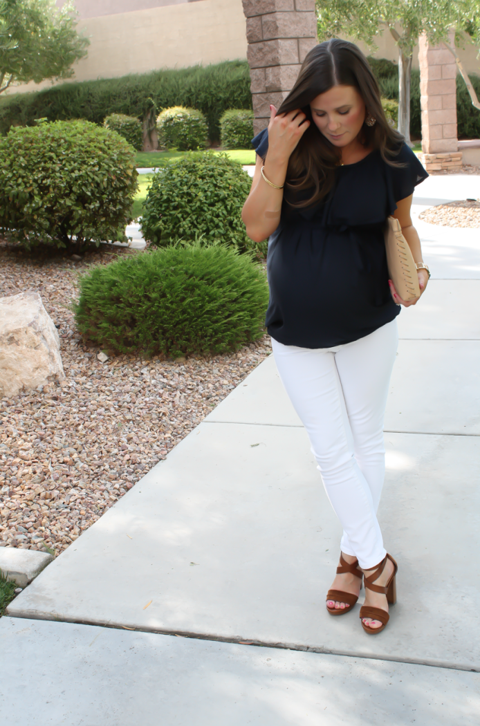 Navy Ruffle Collar Maternity Blouse, White Maternity Skinny Jeans, Brown Suede Sandals, Tan Leather Clutch, ASOS, ASOS Maternity, J.Crew, M. Gemi 4