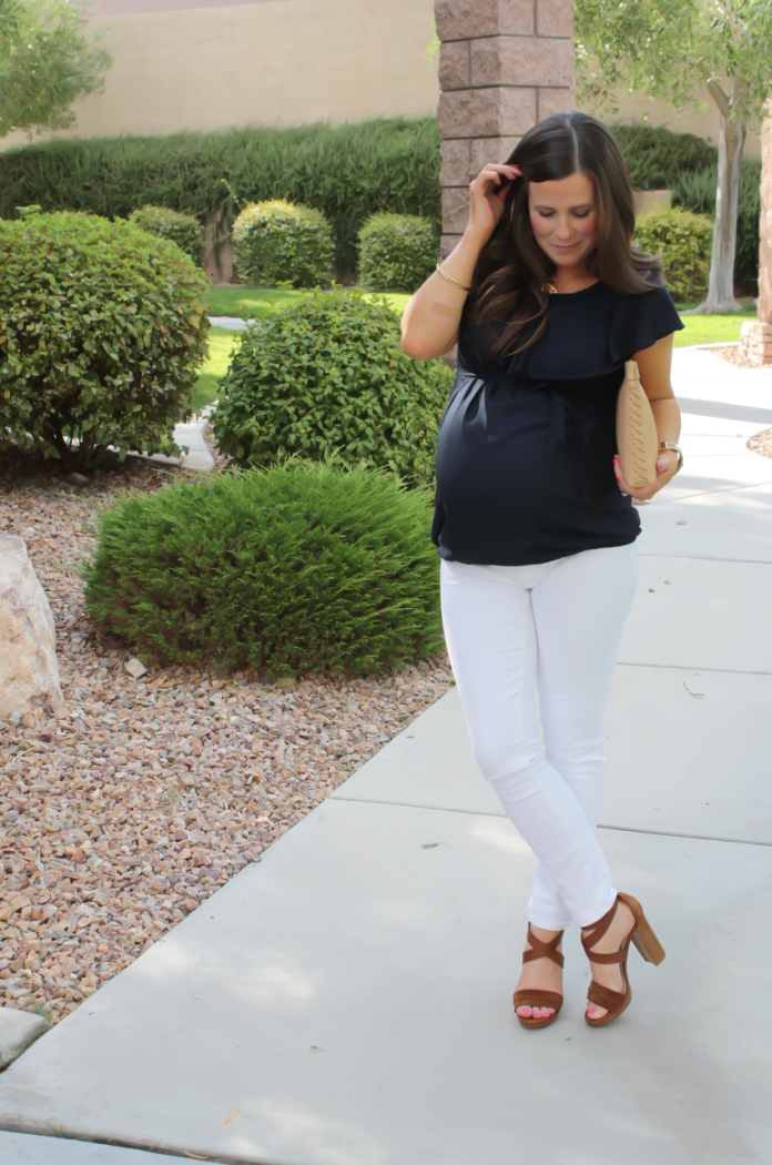 Navy Ruffle Collar Maternity Blouse, White Maternity Skinny Jeans, Brown Suede Sandals, Tan Leather Clutch, ASOS, ASOS Maternity, J.Crew, M. Gemi
