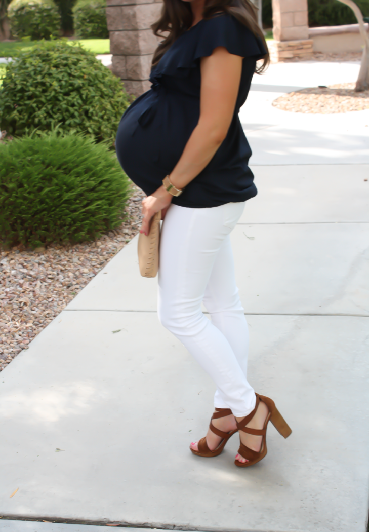 Navy Ruffle Collar Maternity Blouse, White Maternity Skinny Jeans, Brown Suede Sandals, Tan Leather Clutch, ASOS, ASOS Maternity, J.Crew, M. Gemi 7