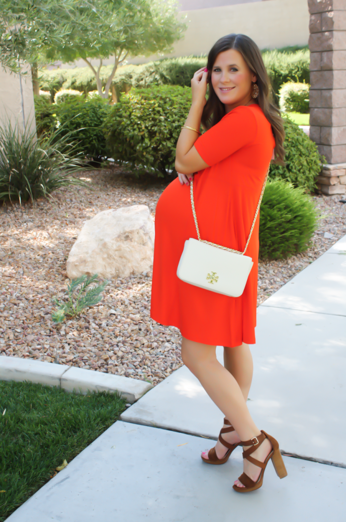 Red Maternity Swing Dress, Chocolate Brown Sandals, Ivory Leather Chain Strap Crossbody Bag, ASOS, ASOS Maternity, M.Gemi, Tory Burch 14