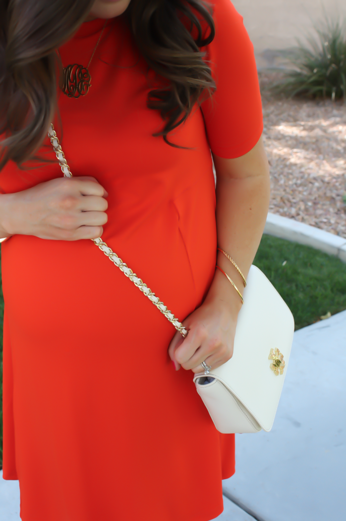Red Maternity Swing Dress, Chocolate Brown Sandals, Ivory Leather Chain Strap Crossbody Bag, ASOS, ASOS Maternity, M.Gemi, Tory Burch 15