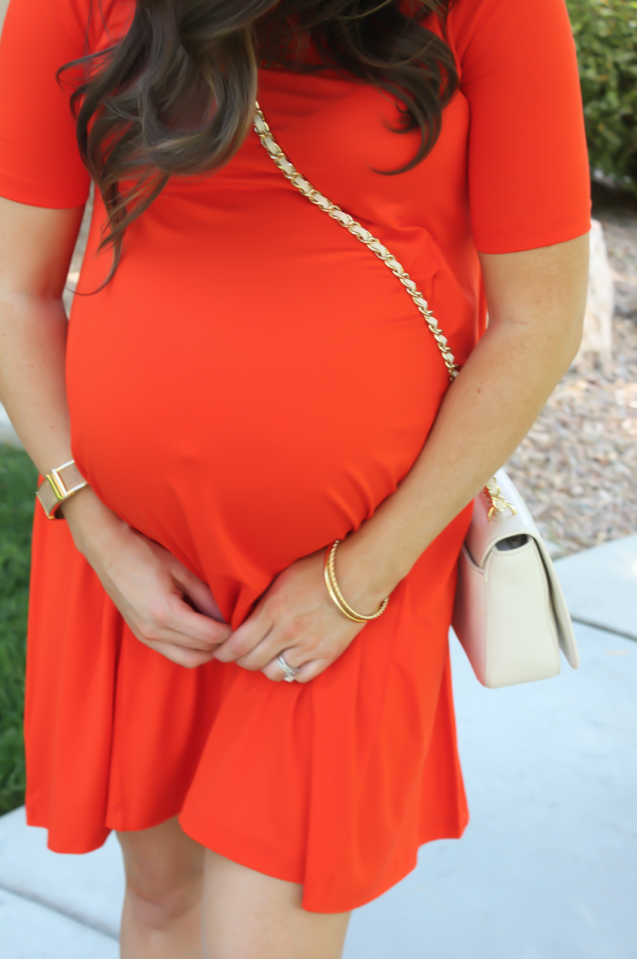 Red Maternity Swing Dress, Chocolate Brown Sandals, Ivory Leather Chain Strap Crossbody Bag, ASOS, ASOS Maternity, M.Gemi, Tory Burch 20