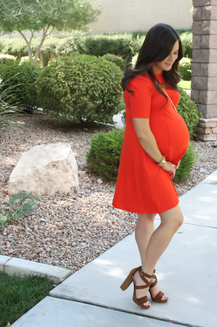 Red Maternity Swing Dress, Chocolate Brown Sandals, Ivory Leather Chain Strap Crossbody Bag, ASOS, ASOS Maternity, M.Gemi, Tory Burch 3
