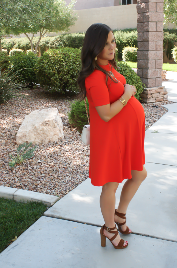 Red Maternity Swing Dress, Chocolate Brown Sandals, Ivory Leather Chain Strap Crossbody Bag, ASOS, ASOS Maternity, M.Gemi, Tory Burch 9