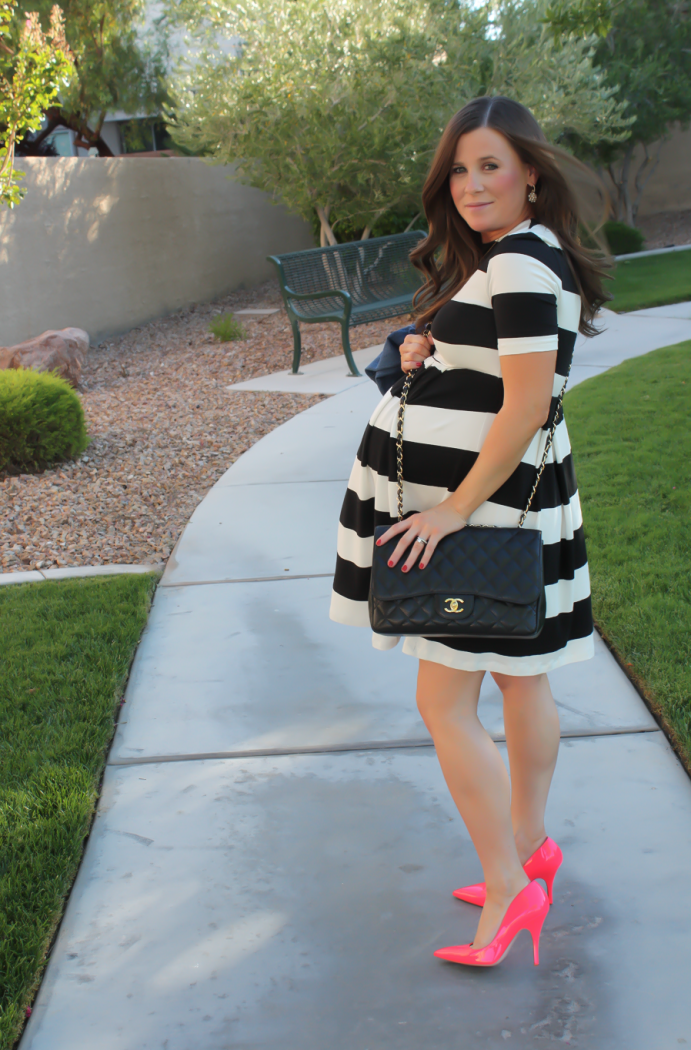 Rugby Striped Maternity Dress, Patent Neon Pink Heels, Black Quilted Chain Strap Bag, ASOS, ASOS Maternity, Kate Spade, Chanel 4