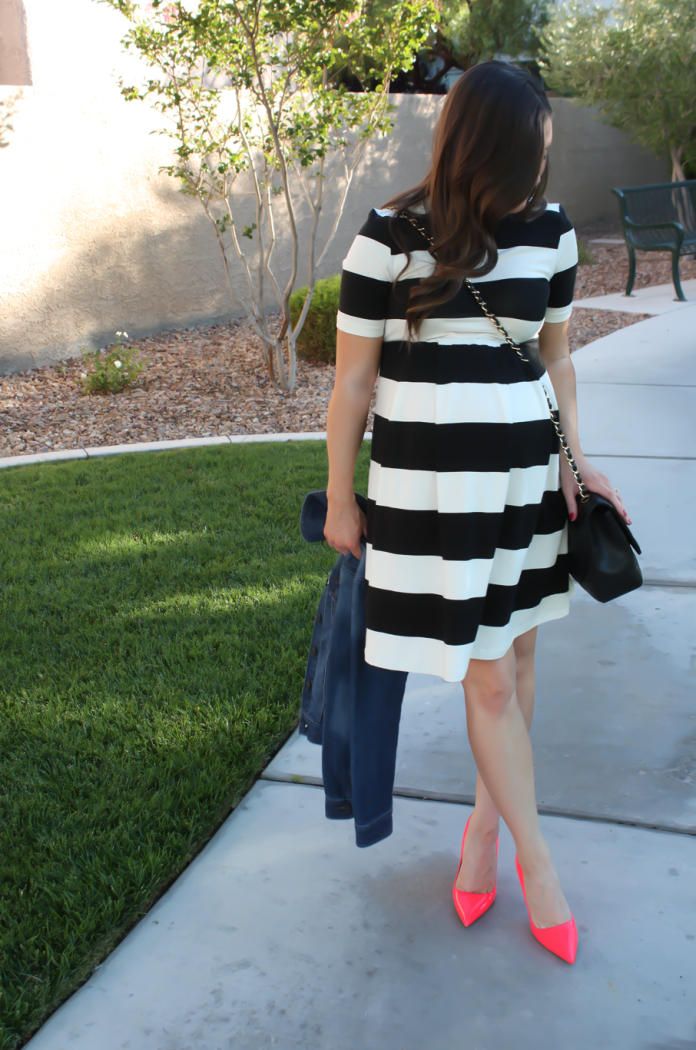 Rugby Striped Maternity Dress, Patent Neon Pink Heels, Black Quilted Chain Strap Bag, ASOS, ASOS Maternity, Kate Spade, Chanel 5